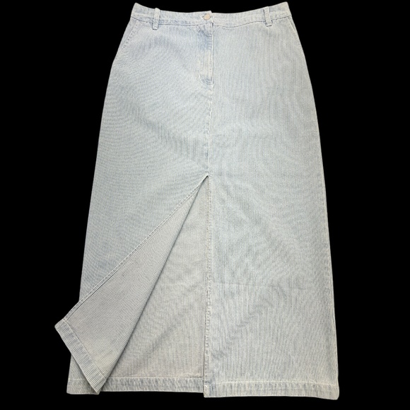 Anthropologie Self Contrast Skirt L Blue White Stripe Jean Midi Front Slit - Picture 2 of 8